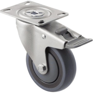 M Series castor, energy absorbent, 100mm grey rubber wheel (tall profile), precision bearing, swivel North American (NA) plate, total brake, grey seal & pedal, 100 kg load rating