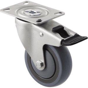 M Series castor, energy absorbent, 100mm grey rubber wheel (tall profile), precision bearing, swivel plate, total brake, black seal & pedal, 100 kg load rating