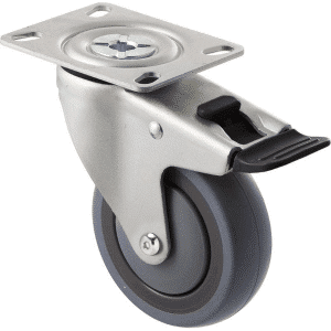 M Series castor, energy absorbent, 100mm grey rubber wheel (tall profile), precision bearing, swivel plate, total brake, Chicago screw axle black seal & pedal, 100 kg load rating