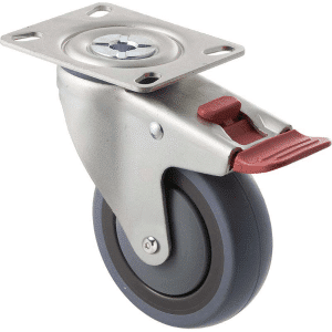 M Series castor, energy absorbent, 100mm grey rubber wheel (tall profile), precision bearing, swivel plate, total brake, Chicago screw axle, 100 kg load rating