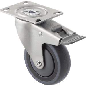 M Series castor, energy absorbent, 100mm grey rubber wheel (tall profile), precision bearing, swivel plate, total brake, Chicago screw axle grey seal & pedal, 100 kg load rating
