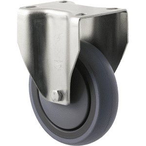 M Series castor, energy absorbent, 125mm grey rubber wheel (tall profile), precision bearing, fixed plate, 100 kg load rating