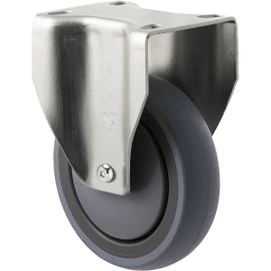M Series castor, energy absorbent, 125mm grey rubber wheel (tall profile), precision bearing, fixed plate, Chicago screw axle, 100 kg load rating