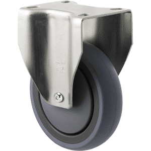 M Series castor, energy absorbent, 125mm grey rubber wheel (tall profile), precision bearing, fixed North American (NA) plate, Chicago screw axle, 100 kg load rating