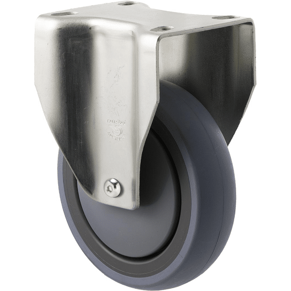 M Series castor, energy absorbent, 125mm grey rubber wheel (tall profile), precision bearing, fixed North American (NA) plate, Chicago screw axle, 100 kg load rating