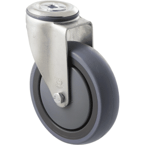 M Series castor, energy absorbent, 125mm grey rubber wheel (tall profile), precision bearing, swivel bolt hole, 100 kg load rating