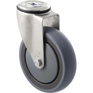 M Series castor, energy absorbent, 125mm grey rubber wheel (tall profile), precision bearing, swivel bolt hole black seal & pedal, 100 kg load rating