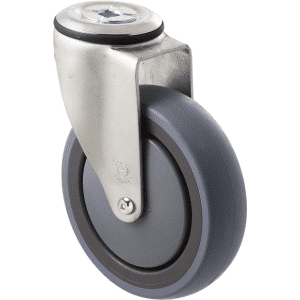 M Series castor, energy absorbent, 125mm grey rubber wheel (tall profile), precision bearing, swivel bolt hole, Chicago screw axle black seal & pedal, 100 kg load rating