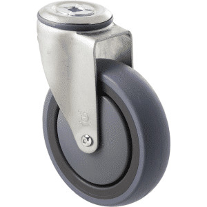 M Series castor, energy absorbent, 125mm grey rubber wheel (tall profile), precision bearing, swivel bolt hole, Chicago screw axle, 100 kg load rating