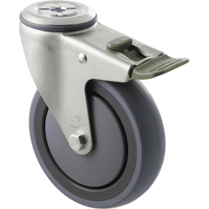 M Series castor, energy absorbent, 125mm grey rubber wheel (tall profile), precision bearing, swivel bolt hole, direction lock, 100 kg load rating