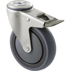 M Series castor, energy absorbent, 125mm grey rubber wheel (tall profile), precision bearing, swivel bolt hole, direction lock, Chicago screw axle, 100 kg load rating