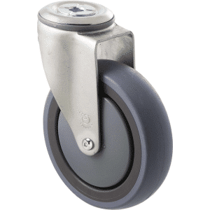 M Series castor, energy absorbent, 125mm grey rubber wheel (tall profile), precision bearing, swivel bolt hole, Chicago screw axle grey seal & pedal, 100 kg load rating