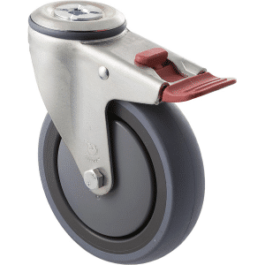 M Series castor, energy absorbent, 125mm grey rubber wheel (tall profile), precision bearing, swivel bolt hole, total brake, 100 kg load rating