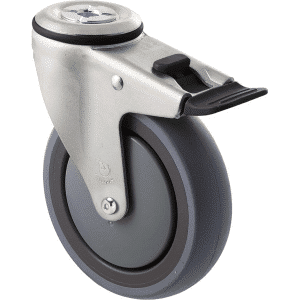 M Series castor, energy absorbent, 125mm grey rubber wheel (tall profile), precision bearing, swivel bolt hole, total brake, Chicago screw axle black seal & pedal, 100 kg load rating