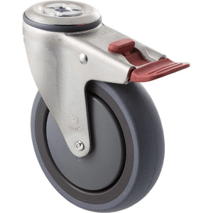 M Series castor, energy absorbent, 125mm grey rubber wheel (tall profile), precision bearing, swivel bolt hole, total brake, 100 kg load rating