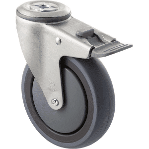 M Series castor, energy absorbent, 125mm grey rubber wheel (tall profile), precision bearing, swivel bolt hole, total brake, Chicago screw axle grey seal & pedal, 100 kg load rating