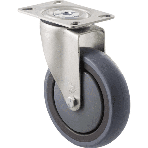 M Series castor, energy absorbent, 125mm grey rubber wheel (tall profile), precision bearing, swivel plate, black seal & pedal, 100 kg load rating