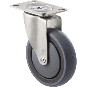M Series castor, energy absorbent, 125mm grey rubber wheel (tall profile), precision bearing, swivel plate, Chicago screw axle black seal & pedal, 100 kg load rating