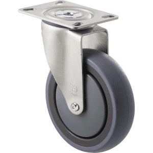 M Series castor, energy absorbent, 125mm grey rubber wheel (tall profile), precision bearing, swivel plate, Chicago screw axle, 100 kg load rating