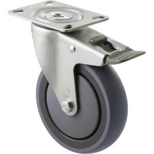 M Series castor, energy absorbent, 125mm grey rubber wheel (tall profile), precision bearing, swivel plate, direction lock, 100 kg load rating