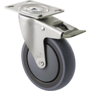 M Series castor, energy absorbent, 125mm grey rubber wheel (tall profile), precision bearing, swivel plate, direction lock, Chicago screw axle, 100 kg load rating