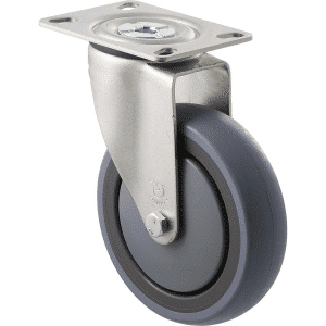 M Series castor, energy absorbent, 125mm grey rubber wheel (tall profile), precision bearing, swivel North American (NA) plate, black seal & pedal, 100 kg load rating
