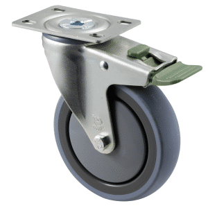 M Series castor, energy absorbent, 125mm grey rubber wheel (tall profile), precision bearing, swivel North American (NA) plate, direction lock, 100 kg load rating