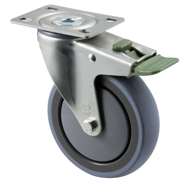 M Series castor, energy absorbent, 125mm grey rubber wheel (tall profile), precision bearing, swivel North American (NA) plate, direction lock, 100 kg load rating