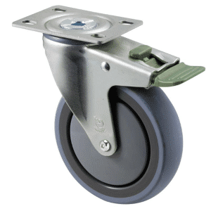 M Series castor, energy absorbent, 125mm grey rubber wheel (tall profile), precision bearing, swivel North American (NA) plate, direction lock, Chicago screw axle, 100 kg load rating