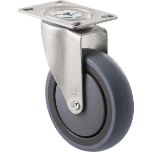 M Series castor, energy absorbent, 125mm grey rubber wheel (tall profile), precision bearing, swivel North American (NA) plate, Chicago screw axle grey seal & pedal, 100 kg load rating