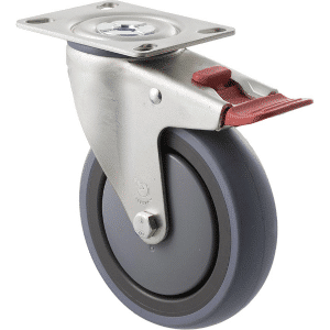 M Series castor, energy absorbent, 125mm grey rubber wheel (tall profile), precision bearing, swivel North American (NA) plate, total brake, 100 kg load rating