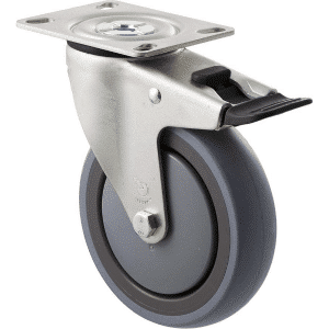 M Series castor, energy absorbent, 125mm grey rubber wheel (tall profile), precision bearing, swivel North American (NA) plate, total brake, black seal & pedal, 100 kg load rating