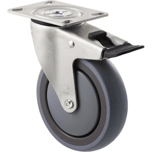 M Series castor, energy absorbent, 125mm grey rubber wheel (tall profile), precision bearing, swivel North American (NA) plate, total brake, Chicago screw axle black seal & pedal, 100 kg load rating