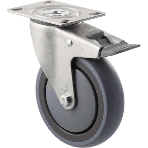 M Series castor, energy absorbent, 125mm grey rubber wheel (tall profile), precision bearing, swivel North American (NA) plate, total brake, grey seal & pedal, 100 kg load rating