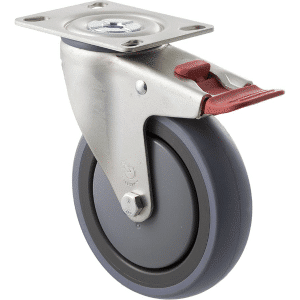 M Series castor, energy absorbent, 125mm grey rubber wheel (tall profile), precision bearing, swivel plate, total brake, 100 kg load rating