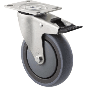 M Series castor, energy absorbent, 125mm grey rubber wheel (tall profile), precision bearing, swivel plate, total brake, black seal & pedal, 100 kg load rating