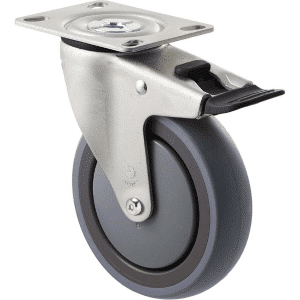 M Series castor, energy absorbent, 125mm grey rubber wheel (tall profile), precision bearing, swivel plate, total brake, Chicago screw axle black seal & pedal, 100 kg load rating