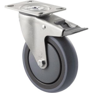 M Series castor, energy absorbent, 125mm grey rubber wheel (tall profile), precision bearing, swivel plate, total brake, grey seal & pedal, 100 kg load rating