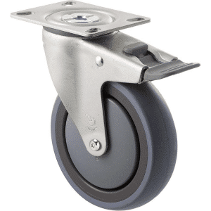 M Series castor, energy absorbent, 125mm grey rubber wheel (tall profile), precision bearing, swivel plate, total brake, Chicago screw axle grey seal & pedal, 100 kg load rating