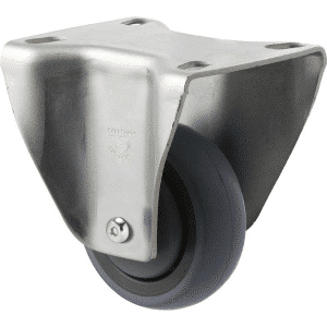 M Series castor, energy absorbent, 75mm grey rubber wheel (tall profile), precision bearing, fixed plate, Chicago screw axle, 100 kg load rating
