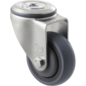 M Series castor, energy absorbent, 75mm grey rubber wheel (tall profile), precision bearing, swivel bolt hole, 100 kg load rating