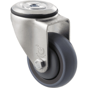 M Series castor, energy absorbent, 75mm grey rubber wheel (tall profile), precision bearing, swivel bolt hole black seal & pedal, 100 kg load rating