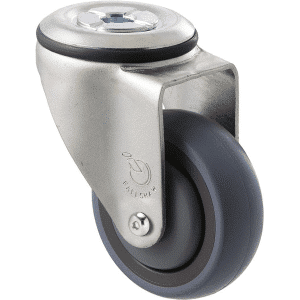 M Series castor, energy absorbent, 75mm grey rubber wheel (tall profile), precision bearing, swivel bolt hole, Chicago screw axle black seal & pedal, 100 kg load rating