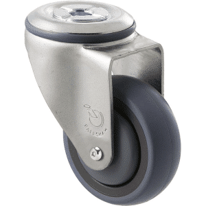 M Series castor, energy absorbent, 75mm grey rubber wheel (tall profile), precision bearing, swivel bolt hole, Chicago screw axle, 100 kg load rating