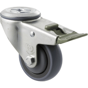 M Series castor, energy absorbent, 75mm grey rubber wheel (tall profile), precision bearing, swivel bolt hole, direction lock, 100 kg load rating