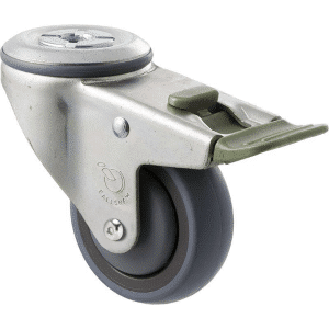 M Series castor, energy absorbent, 75mm grey rubber wheel (tall profile), precision bearing, swivel bolt hole, direction lock, Chicago screw axle, 100 kg load rating