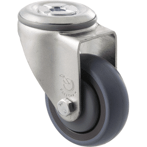 M Series castor, energy absorbent, 75mm grey rubber wheel (tall profile), precision bearing, swivel bolt hole, 100 kg load rating