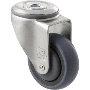 M Series castor, energy absorbent, 75mm grey rubber wheel (tall profile), precision bearing, swivel bolt hole, Chicago screw axle, 100 kg load rating