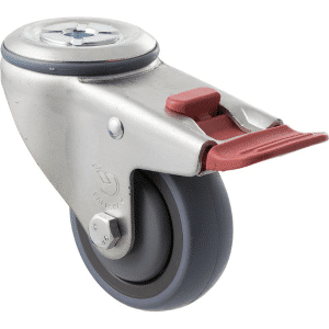 M Series castor, energy absorbent, 75mm grey rubber wheel (tall profile), precision bearing, swivel bolt hole, total brake, 100 kg load rating