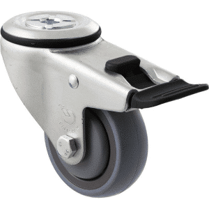 M Series castor, energy absorbent, 75mm grey rubber wheel (tall profile), precision bearing, swivel bolt hole, total brake, black seal & pedal, 100 kg load rating
